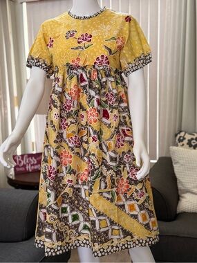Yellow Floral Patterned Midi HAND-DRAWN BATIK Dress